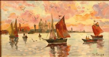 DELANGE (XXème siècle) - Coucher de soleil sur la lagune, Huile sur toile signée 2
