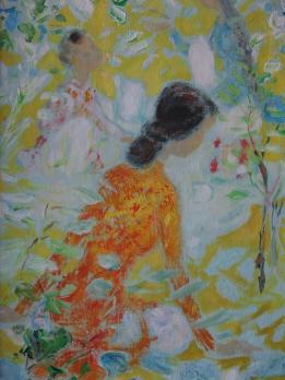 LE PHO - Trois femmes dans un jardin en fleur, Huile sur toile signée 2