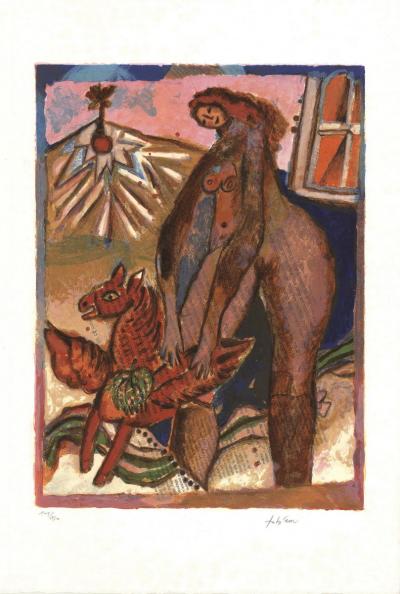 Théo Tobiasse - LITHOGRAPHIE ORIGINALE : Femme et cheval ailé, hommage à Marc Chagall 2