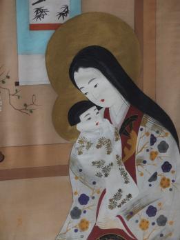 Ishikawa KIYOHIKO - Mère et enfant, Gouache et encre dorée sur soie signée 2