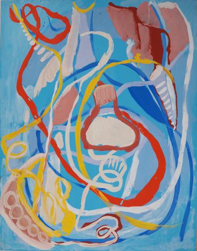 André Lanskoy : Composition abstraite sur fond bleu - Gouache originale Signée