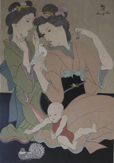 Tsuguharu FOUJITA - Geishas avec une colombe, Bois gravés signé 2