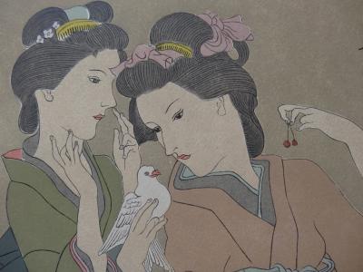 Tsuguharu FOUJITA - Geishas avec une colombe, Bois gravés signé 2