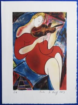 Linda LE KINFF - Violoniste en rouge, Lithographie 2