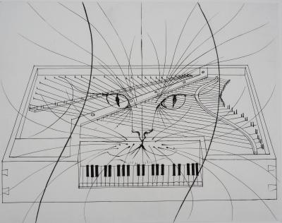 Pierre-Yves Trémois : Le chat au piano - Gravure originale 2