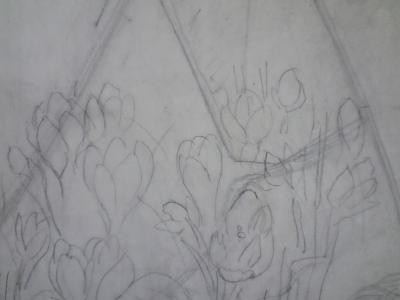 Tsuguharu FOUJITA - La poussette fleurie de crocus, Grand dessin signé 2