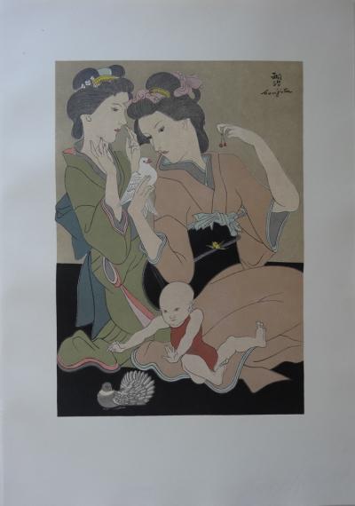 Tsuguharu FOUJITA - Geishas avec une colombe, bois gravé signé 2