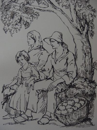 Bernard NAUDIN - La cueillette des pommes, 1932, Bois gravé original 2