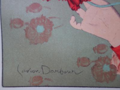 Gaston DARBOUR - Jeune elle aux coquelicots , Lithographie originale  signée 2