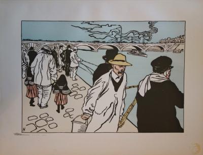 Ch. Huard  - Pêcheurs à la ligne , Lithographie originale  signée (1897) 2
