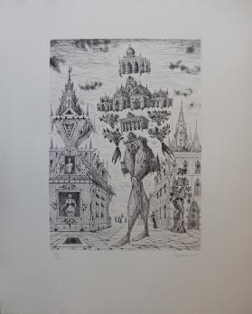 Lucien COUTAUD - L’homme, château surréaliste, Gravure originale signée 2