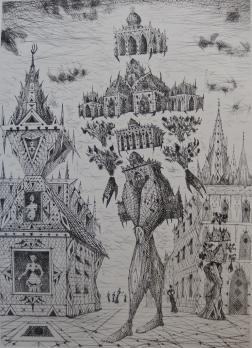 Lucien COUTAUD - L’homme, château surréaliste, Gravure originale signée 2