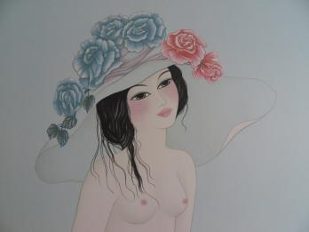 Mara TRAN-LONG - Japonaise au chapeau, Lithographie originale signée 2