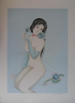 Mara TRAN-LONG - Jeune-fille à la rose, Lithographie originale signée 2