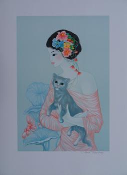 Mara TRAN-LONG - Adolescente et son chat, Lithographie originale signée 2