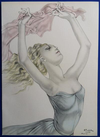 Tsuguharu FOUJITA - Danseuse au foulard rose, 1950, Lithographie et pochoir signé 2