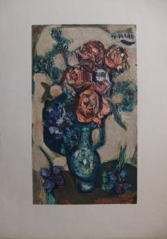 Yvette ALDE - La bouquet de roses, Lithographie signée 2