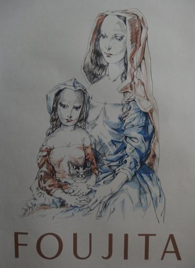 Léonard FOUJITA - Mère, fille et chat, Rare Lithographie, 1964 2
