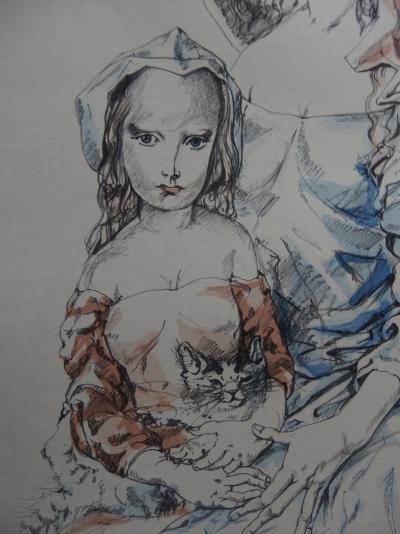 Léonard FOUJITA - Mère, fille et chat, Rare Lithographie, 1964 2