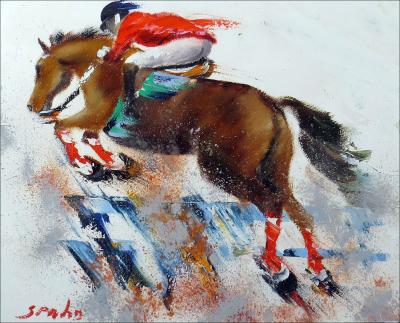 Victor SPAHN - Peinture Originale, La course d’obstacles, 31x39cm 2
