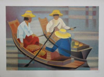 Louis TOFFOLI - Les barques à Bangkok, Lithographie originale signée 2