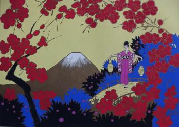 Robert PICHON (attribué à) - Mont Fuji au printemps, Gouache originale (Belle époque 1920/30) 2