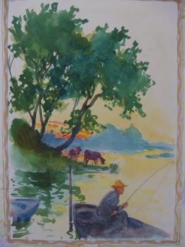 Robert PICHON - Le pêcheur à l’aube, Aquarelle originale (Belle époque 1920/30) 2