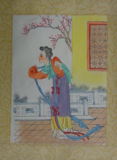 Yu T’ING SHIH - Jeune-fille de la Dynastie Tang, Dessin original à l’aquarelle sur soie 2