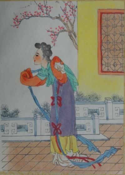 Yu T’ING SHIH - Jeune-fille de la Dynastie Tang, Dessin original à l’aquarelle sur soie 2