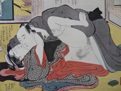 Kitagawa UTAMARO (d’après) -  Les amoureux du printemps  - Lithographie érotique couleur 2