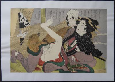 SHIGENOBU (d’après) -  La Geisha et le paysan  - Lithographie érotique couleur 2