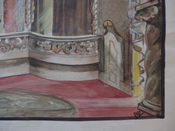 Lode IVO : Dessin d’un décor théâtral pour un salon baroque, gouache et aquarelle originale, signée 2