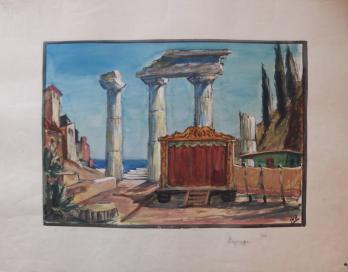 Lode IVO : Dessin d’un décor théâtral dans un temple antique, gouache et aquarelle originale, signée 2