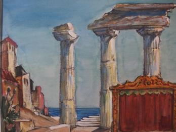 Lode IVO : Dessin d’un décor théâtral dans un temple antique, gouache et aquarelle originale, signée 2