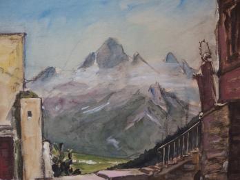 Lode IVO : Dessin du décor théâtral placé aux montagnes, gouache et aquarelle originale, signée 2
