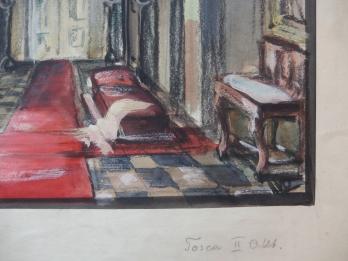 Lode IVO : Dessin préparatoire du décor de théâtre palatin pour Tosca, gouache et aquarelle originale, signée 2