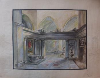 Lode IVO : Dessin préparatoire d’une scène de théâtre incarnant un palais, gouache et aquarelle originale, signée 2