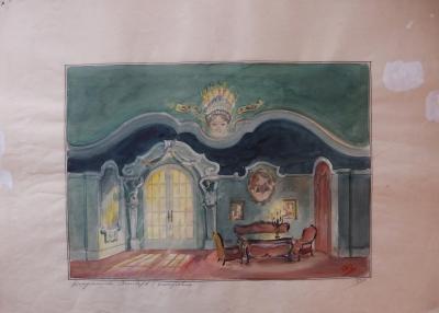 Lode IVO : Dessin d’une salon classicisant pour un décor théâtral, gouache et aquarelle originale, signée 2