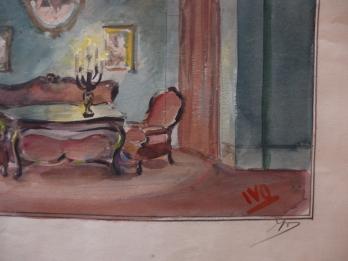 Lode IVO : Dessin d’une salon classicisant pour un décor théâtral, gouache et aquarelle originale, signée 2