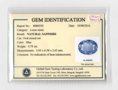 Saphir NON CHAUFFE taille ovale 0.79 ct sous certificat plastique scellé 2