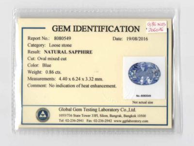 Saphir NON CHAUFFE taille ovale 0.86 ct sous certificat plastique scellé 2