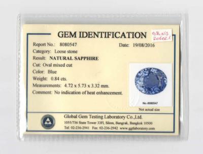 Saphir NON CHAUFFE taille ovale 0.84 ct sous certificat plastique scellé 2