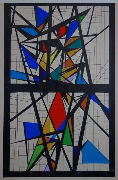 Bernard HERZOG : Vitrail abstrait, Gouache originale signée (c. 1960) 2