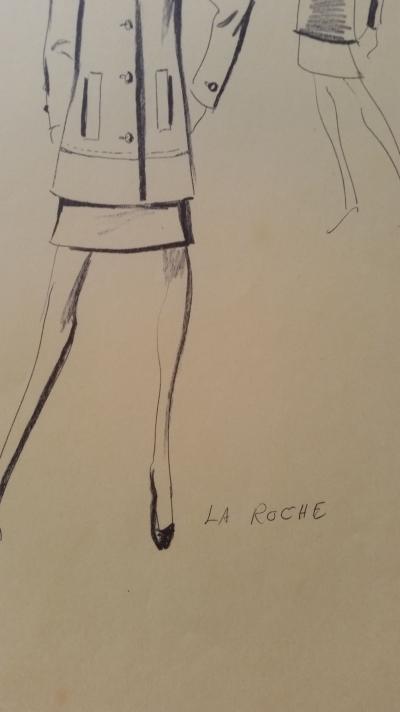 Guy Laroche - Croquis tailleur jupe - Beige wool brown silk tunic 2