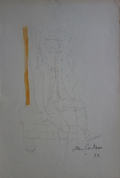 Jean COCTEAU : Homme assis sur un puits - Lithographie originale Signée 2