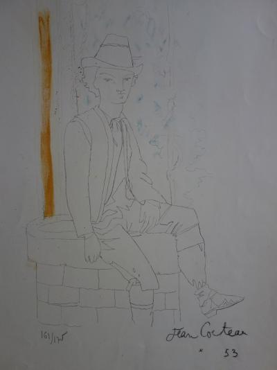 Jean COCTEAU : Homme assis sur un puits - Lithographie originale Signée 2