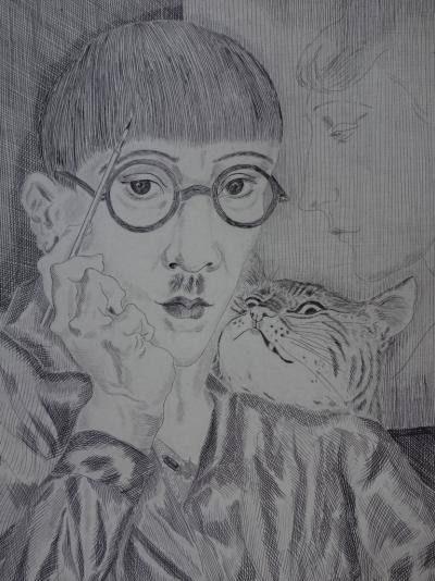 Tsuguharu Léonard FOUJITA : Autoportrait au chat, Gravure originale signée 2