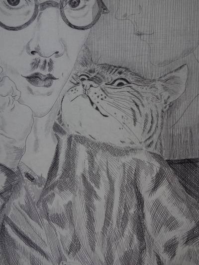 Tsuguharu Léonard FOUJITA : Autoportrait au chat, Gravure originale signée 2