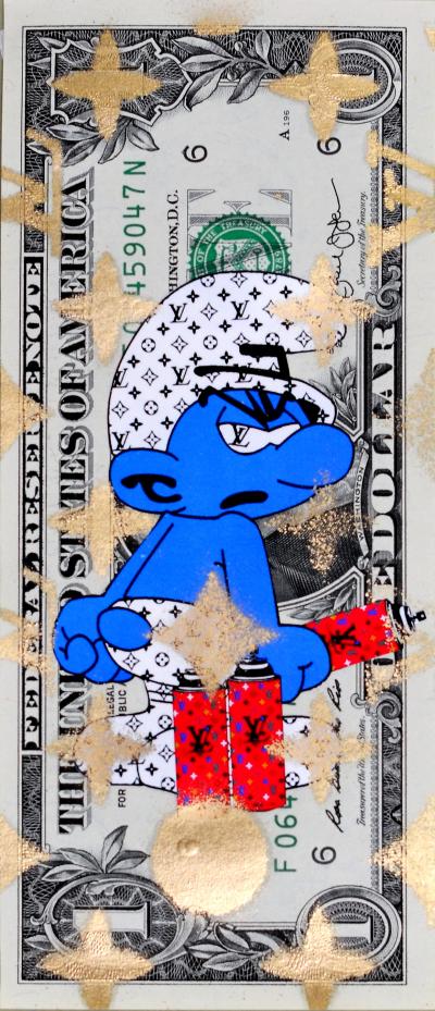 Death NYC (USA 1979) - Smurf Red Bomb LV (1 $ Banknote), daté 2013 et signé au dos - Oeuvre unique 2