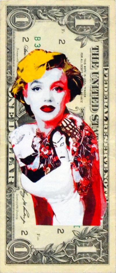 Death NYC - Marilyn Tattoo (1 $ Banknote), daté 2013 et signé au dos - Oeuvre unique 2
